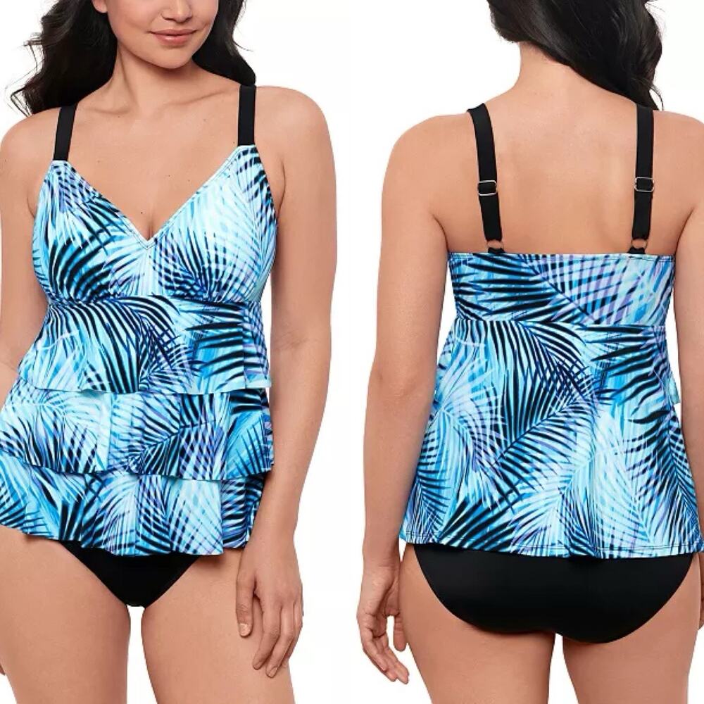 Swim Solutions Leaf It Alone Tiered Fauxkini One-Piece Blue Multi Women 8